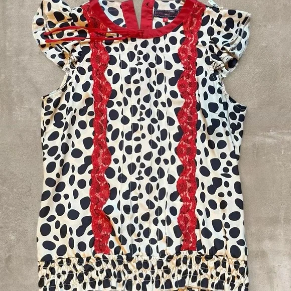 Rock & Republic Polka Dot Blouse Red Trim Ruffle Sleeve Size M - Picture 2 of 3